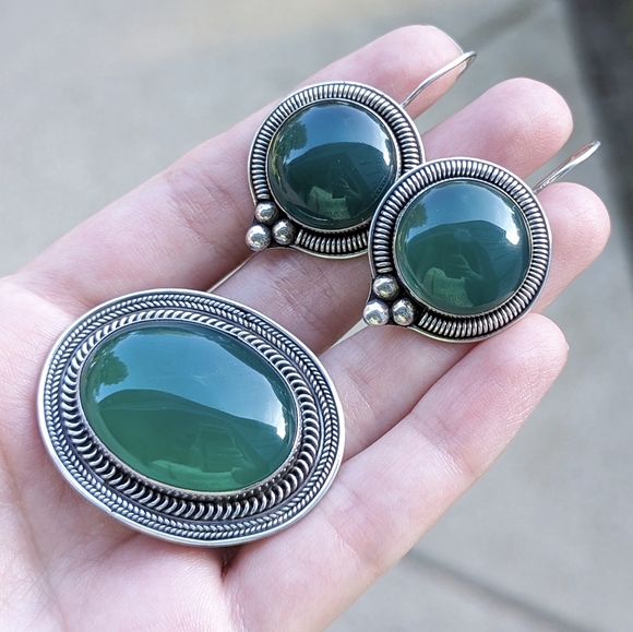 Vintage sterling silver brooch and earring set 925 green stone circle oval - Picture 4 of 6